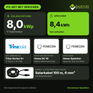 8,0 kWp PV-Set mit Speicher – 17x Trina Vertex S+ 470 Wp + Fenecon Home DC 10 mit 8,4 kWh Speicher