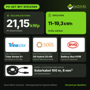 21,15 kWp PV-Set mit Speicher – 45x Trina Vertex S+ 470 Wp + Solis S6 Hybrid 20 kW + BYD HVM+, Speicher wählbar