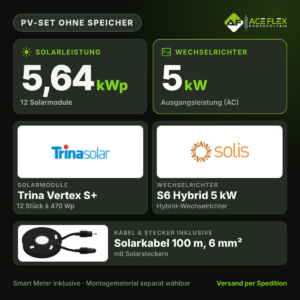 5,64 kWp Photovoltaik-Set ohne Speicher | 12x Trina Vertex S+ 470 Wp + Solis S6 5 kW 3-phasig Hybrid (inkl. Smart Meter)