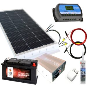 130 Watt Wohnmobil 12V Set mit 100Ah AGM Batterie & 600 Watt Spannungswandler (reiner Sinus) schwarz